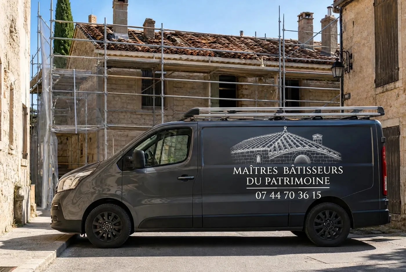 Camion d'atelier Maîtres Bâtisseurs du Patrimoine devant un chantier de toiture à Bandol