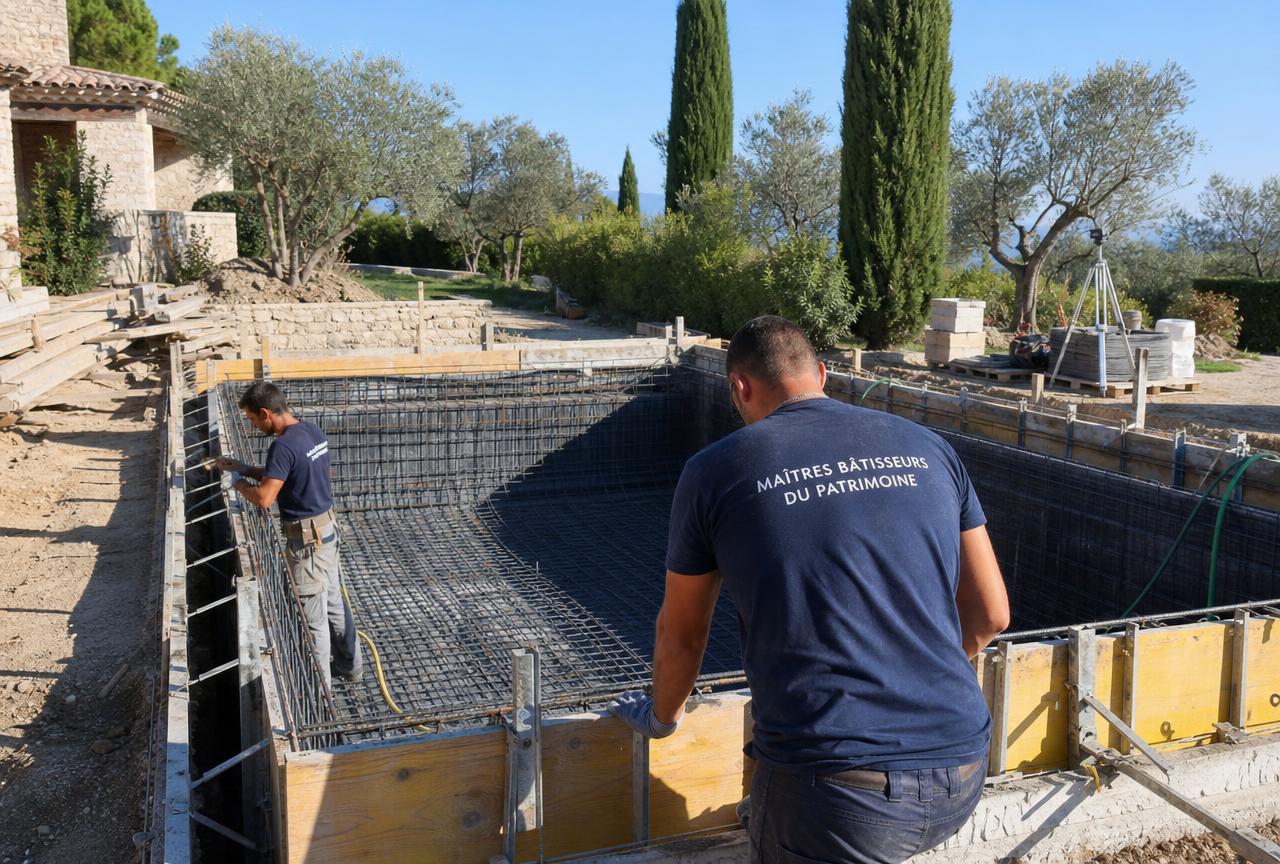 Chantier de piscine en béton armé aux Arcs-sur-Argens