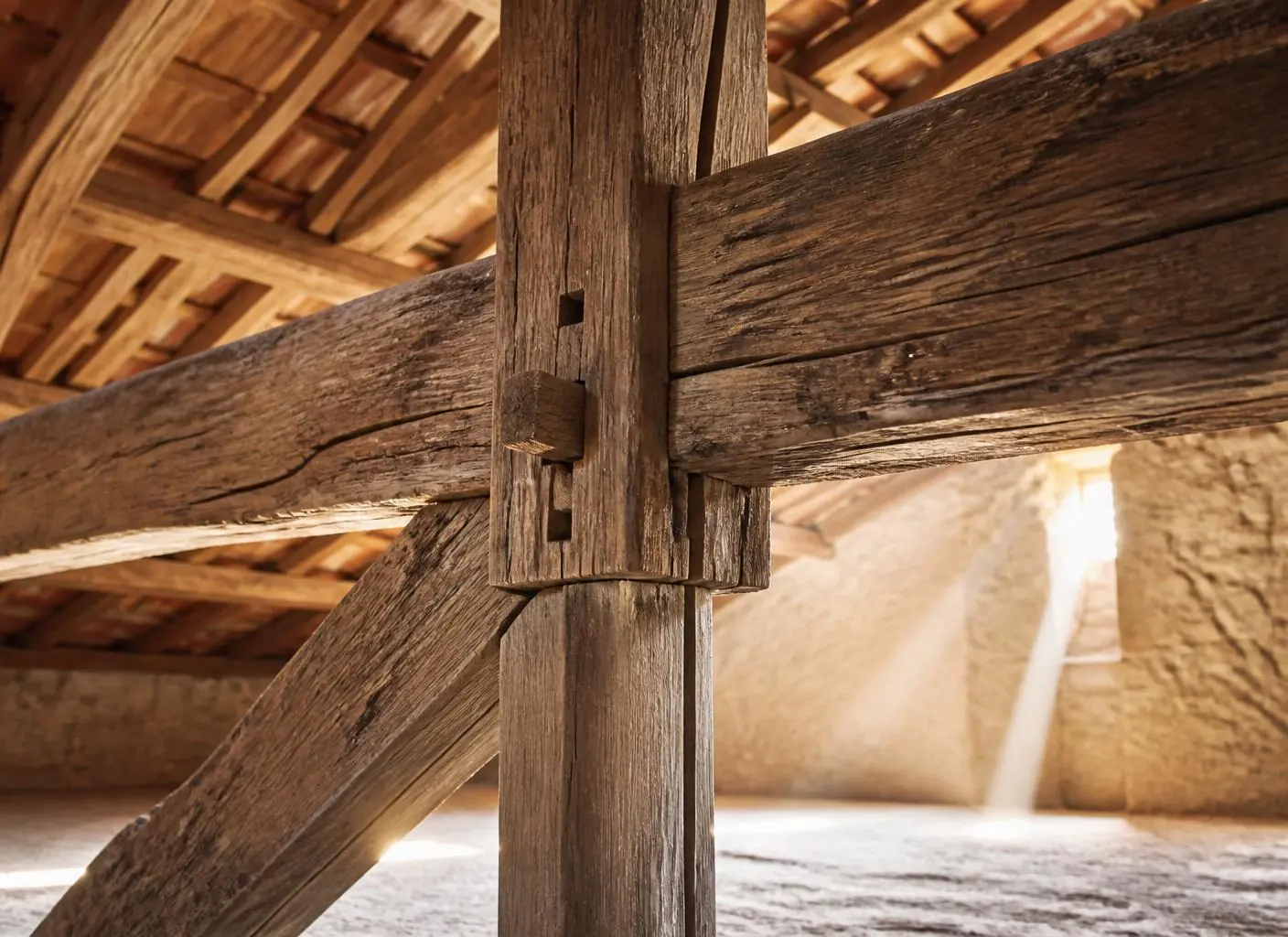 Charpente traditionnelle en bois ancien dans un mas provençal
