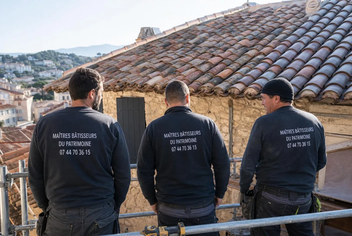 Couvreurs de Maîtres Bâtisseurs du Patrimoine en pull d'atelier sur un échafaudage devant une toiture en tuiles canal à Toulon