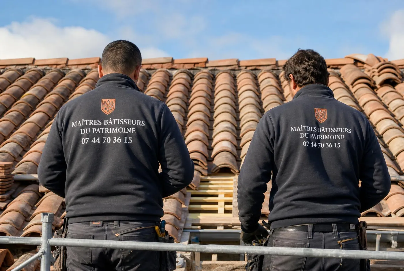 Équipe de couvreurs en pull d'atelier Maîtres Bâtisseurs du Patrimoine sur un échafaudage à Fréjus