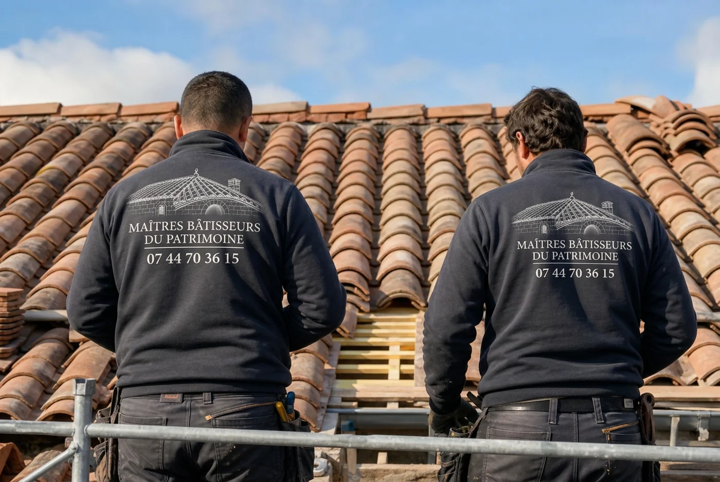 Équipe de couvreurs en pull d'atelier Maîtres Bâtisseurs du Patrimoine sur un échafaudage à Fréjus
