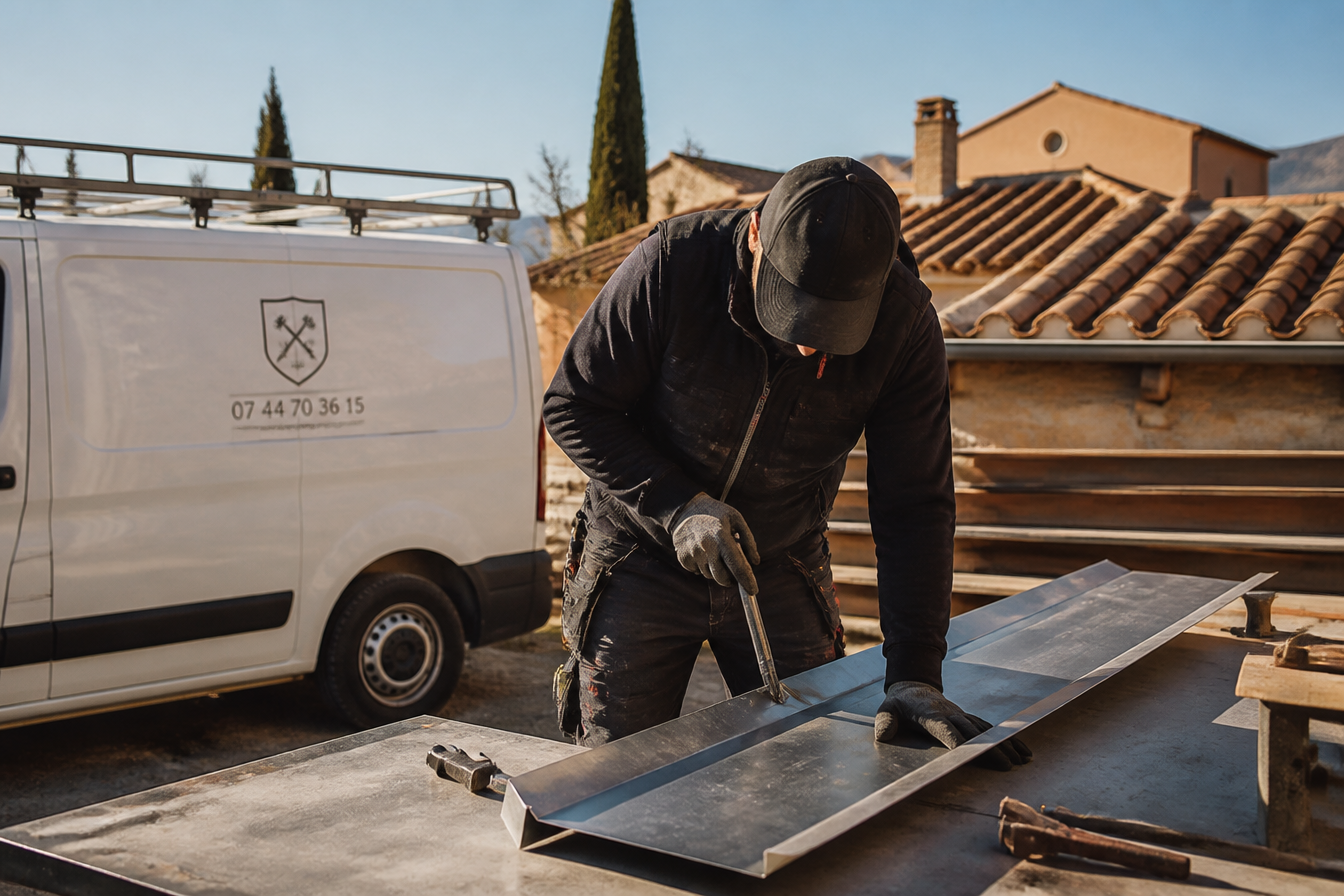Artisan façonnant du zinc sur une table à zinc, camionnette de l'entreprise en arrière-plan
