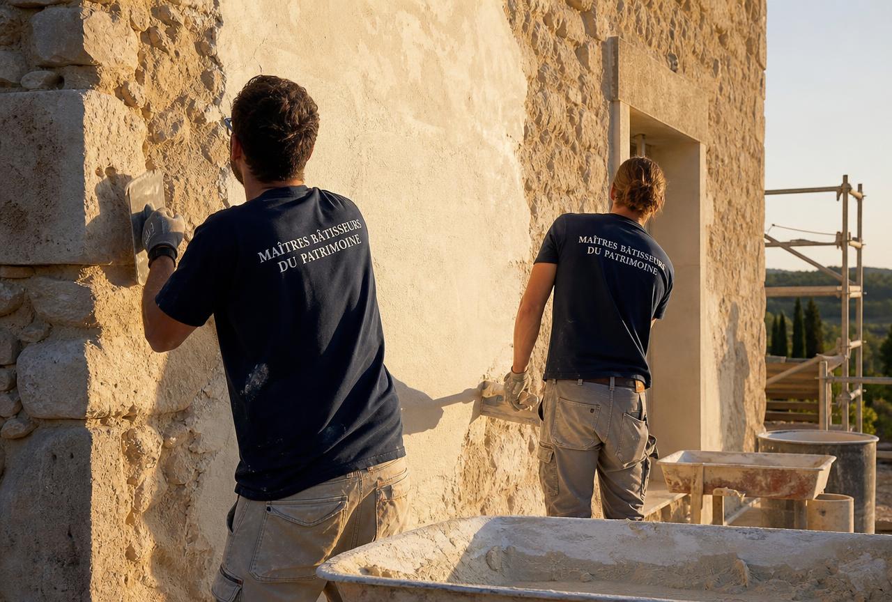 Compagnons appliquant un enduit à la chaux blanche sur un mur en pierre à Lorgues