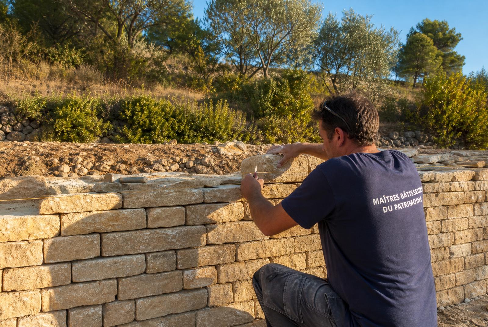 Maçon montant un mur en pierre sèche à Roquebrune-sur-Argens