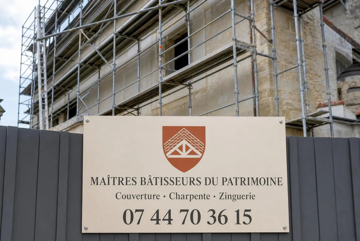Panneau de chantier couverture, charpente et zinguerie à Saint-Maximin-la-Sainte-Baume avec le numéro 07 44 70 36 15