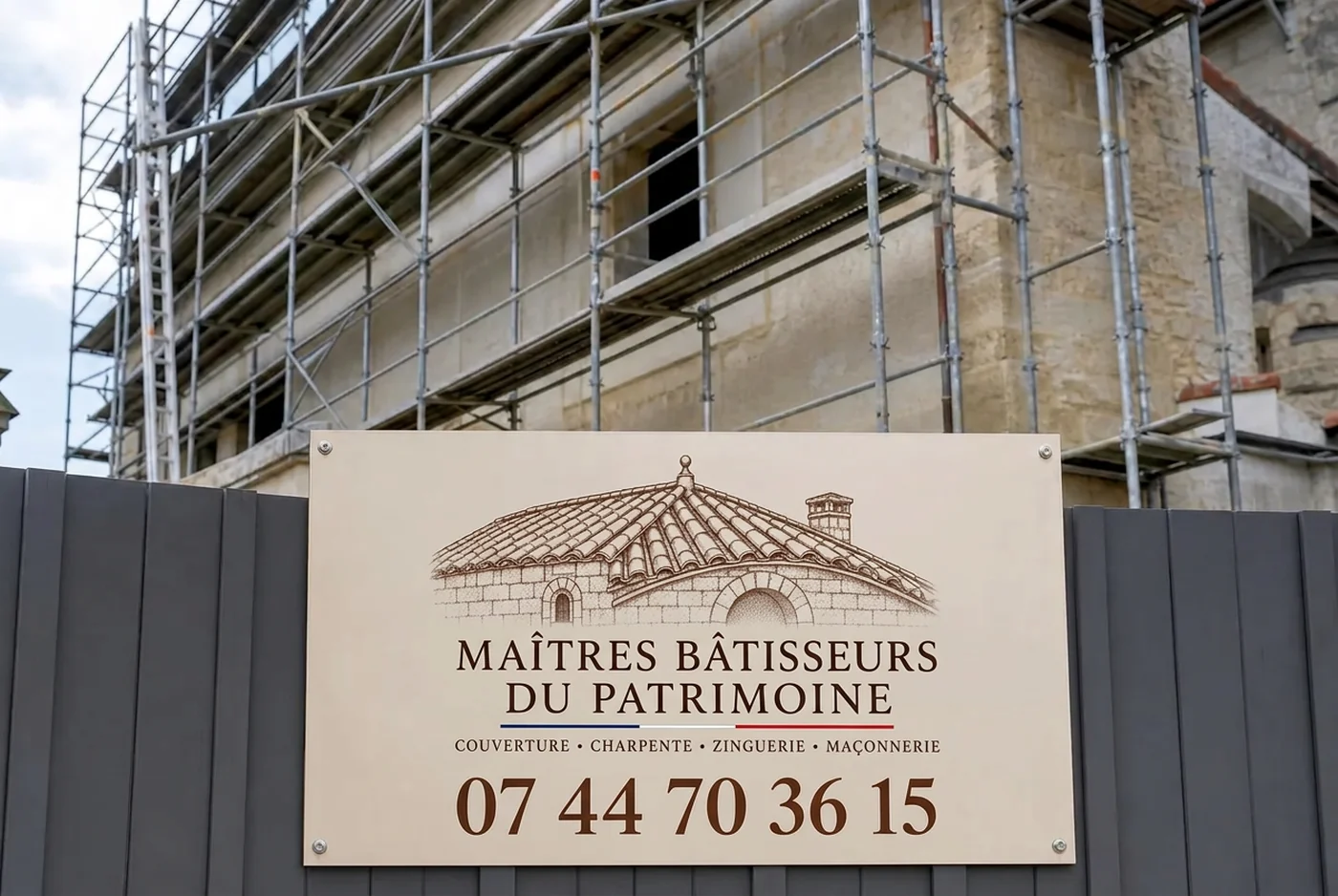 Panneau de chantier couverture, charpente et zinguerie à Saint-Maximin-la-Sainte-Baume avec le numéro 07 44 70 36 15