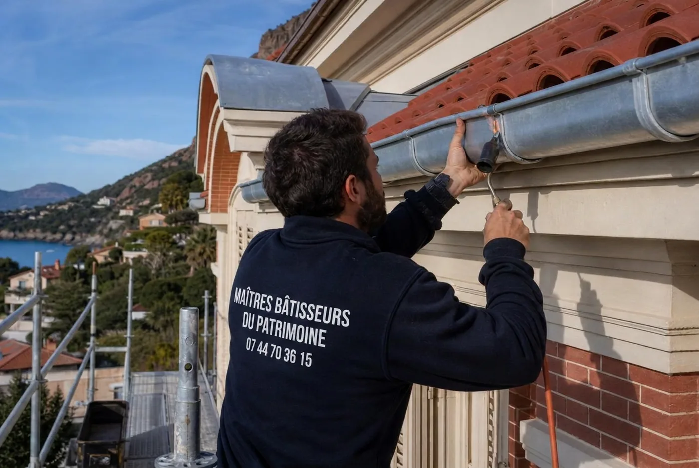 Pose et soudure d'une gouttière en zinc sur une villa Belle Époque à Saint-Raphaël