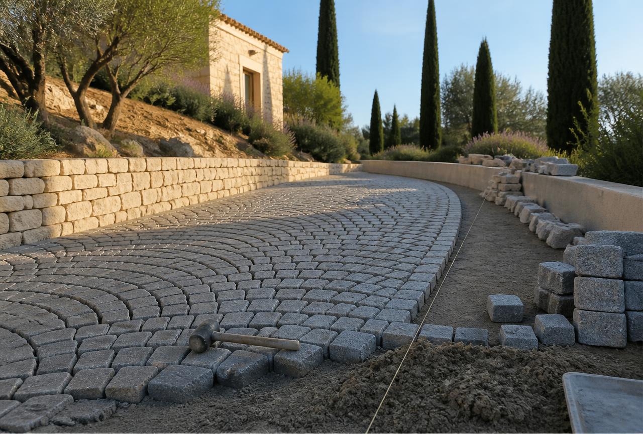 Pose de pavés en granit sur une allée à Trans-en-Provence