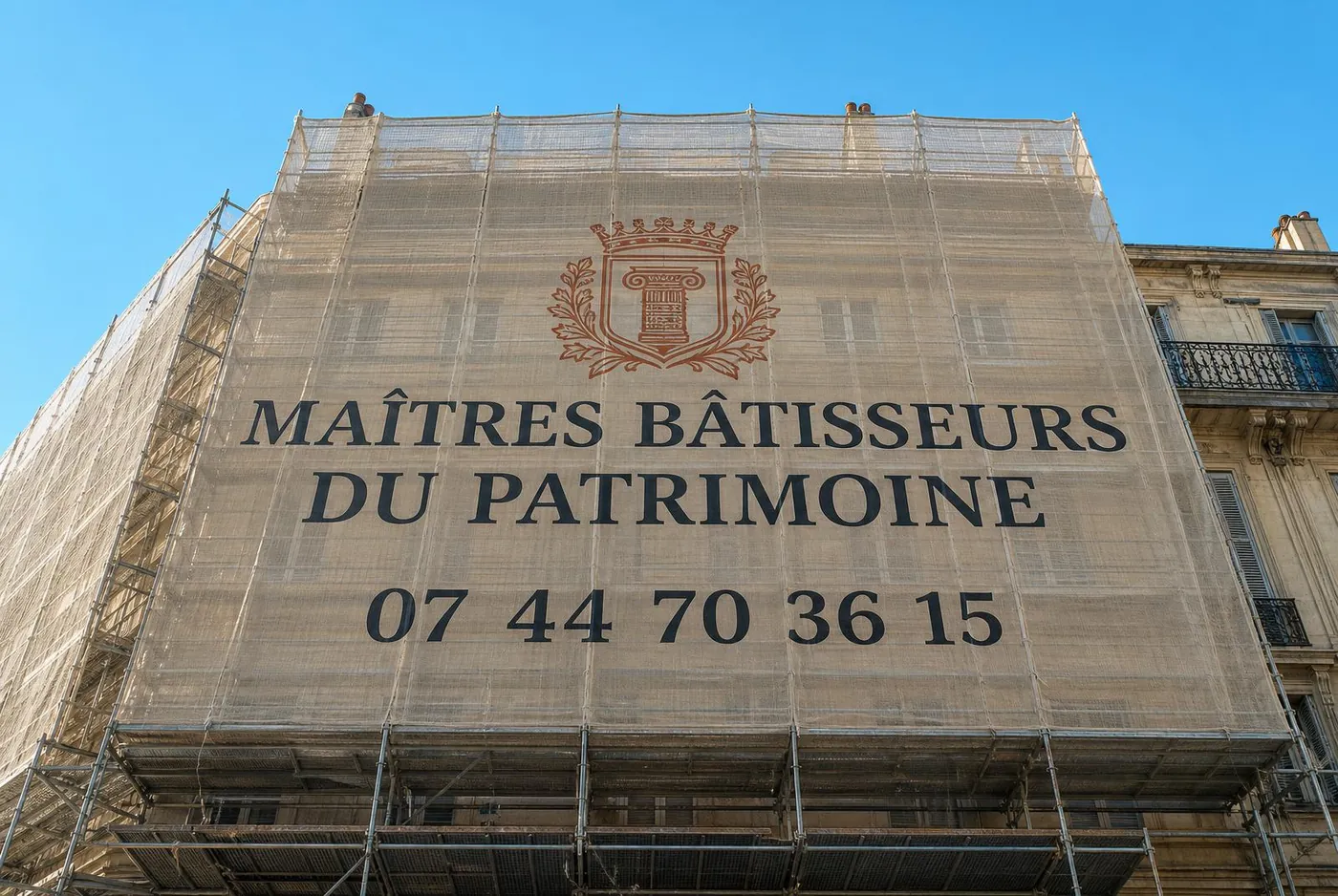 Immeuble en copropriété entièrement échafaudé du trottoir à la toiture pour une réfection de couverture à Nice