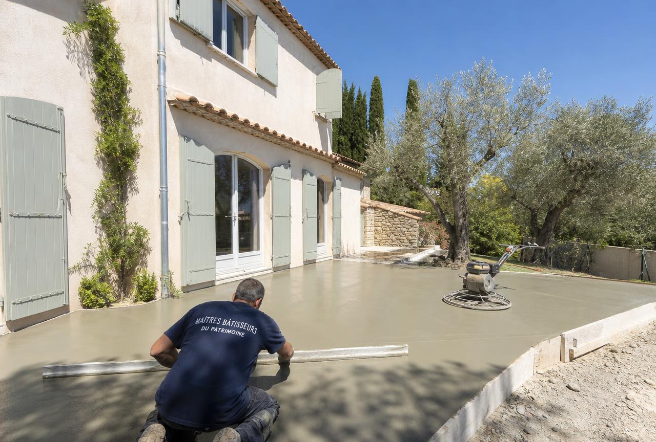 Terrasse en béton taloché devant une villa provençale à Draguignan